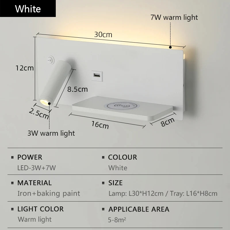 Multi functional wall lamp with switch, USB interface, LED mobile phone wireless charger, reading wall lamp, bedroom night light