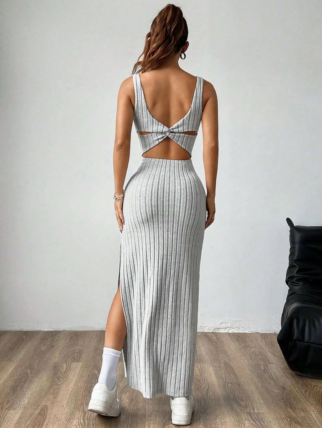 Elegant Slim Knitted Dresses Women New Sexy Hollow Out Backless Bodycon Long Dress Streetwear Fashion Casual Solid Lady Dress