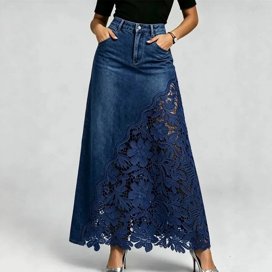 Women Elegant Lace Spliced Denim Skirt High Waist Slim A-line Skirt Washed Denim Wrap Hip Long Skirt All Match Fashion Bottoms