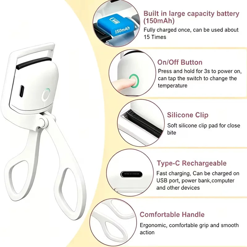 USB Rechargeable Heated Eyelash Curler, Fast Constant Heating Design, Long-Lasting Natural Lash Curling Portable Eye Makeup Tool