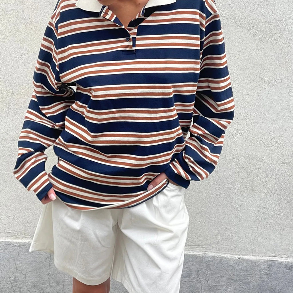New Fashion Women T-Shirt Long Sleeve Turn Down Collar Stripes Fall Tops Streetwear For Casual Daily Hot Sale S M L