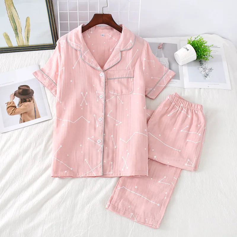 2026 Japanese new spring and summer short-sleeved trousers pajamas 2-piece set 100% cotton gauze flower cartoon home service set
