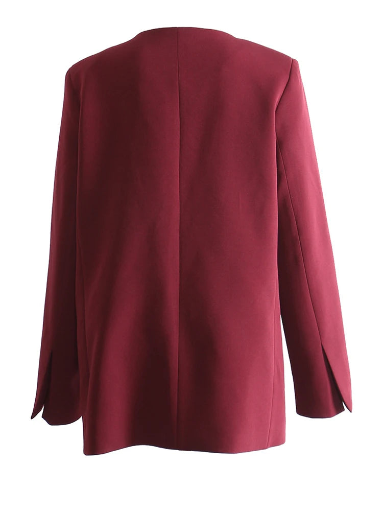 [EAM] Women Wine Red Topstitched Big Size Elegant Blazer New V-neck Long Sleeve Jacket Fashion Tide Spring Autumn 2026 1DH7919