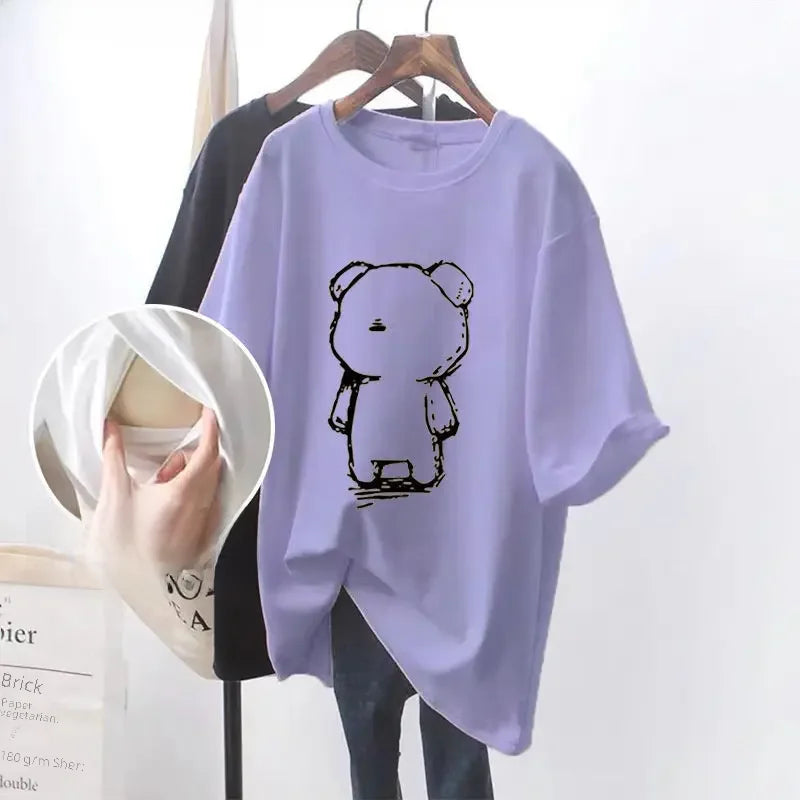 Fashionable Breastfeeding Top Short Sleeve Crew Neck T-shirt Versatile Summer Outdoor Wear For Mothers Simple Top For Feeding