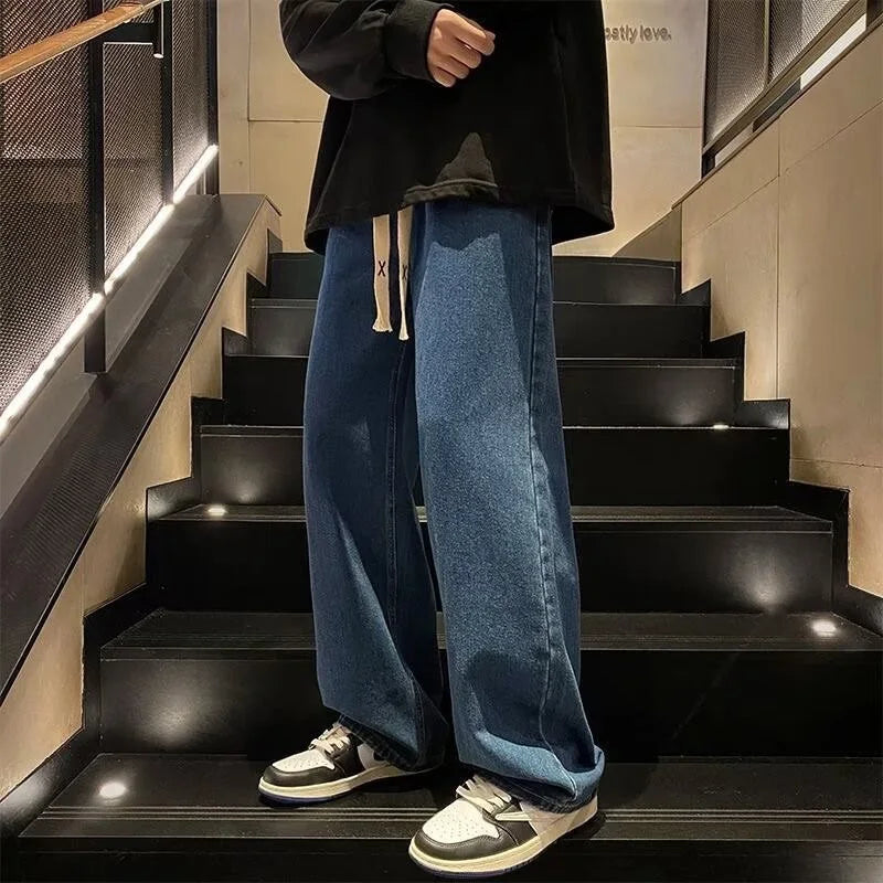 Black Vintage Men Jeans Spring Trend Straight Elastic Waist Wide Leg Denim Pants Male Daily High Street Comfortable Trousers