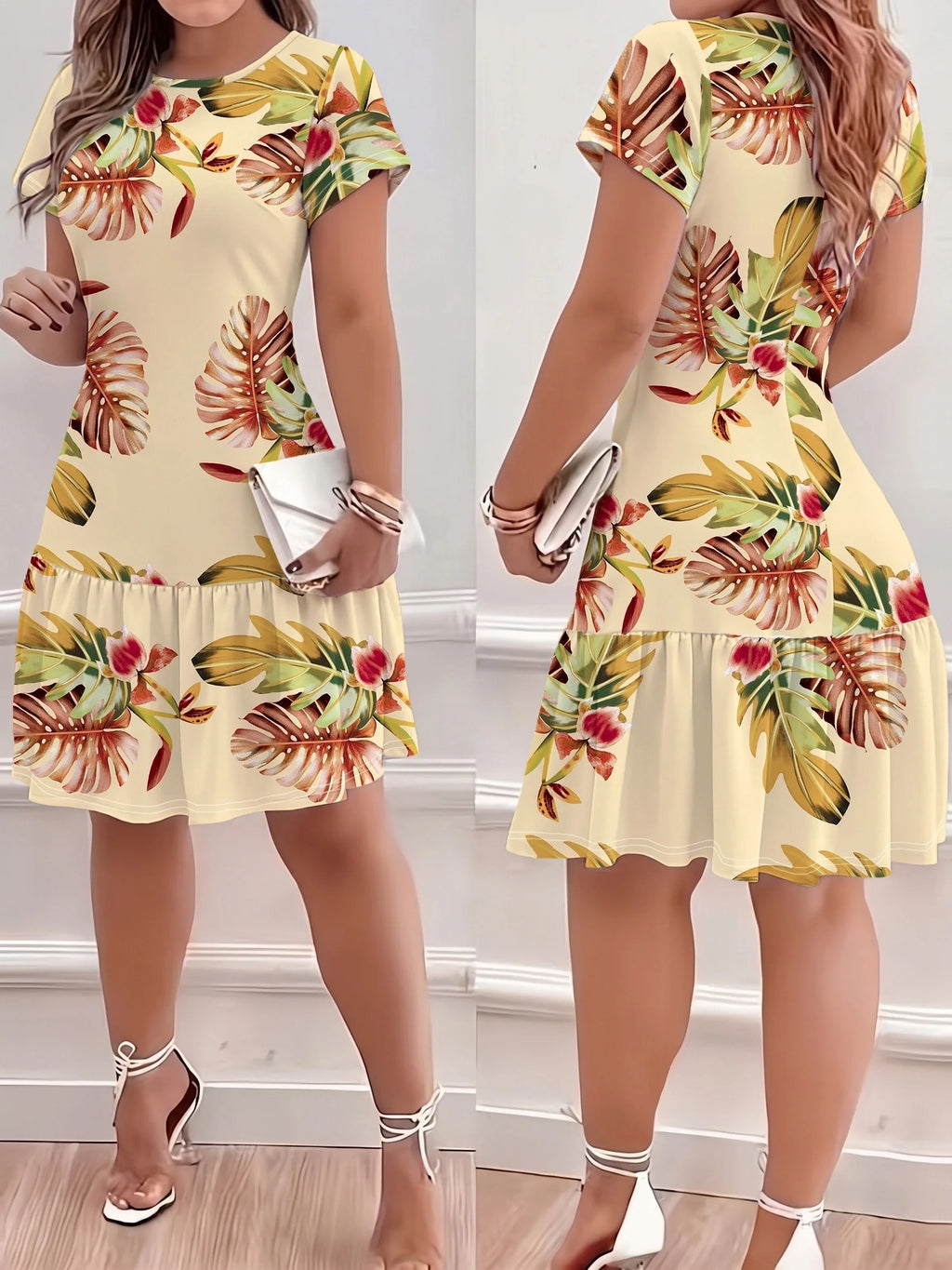 Summer Bohemian Style Loose Tropical Print Round Neck Short Sleeve Dress Comfortable Holiday Dress