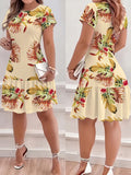 Summer Bohemian Style Loose Tropical Print Round Neck Short Sleeve Dress Comfortable Holiday Dress