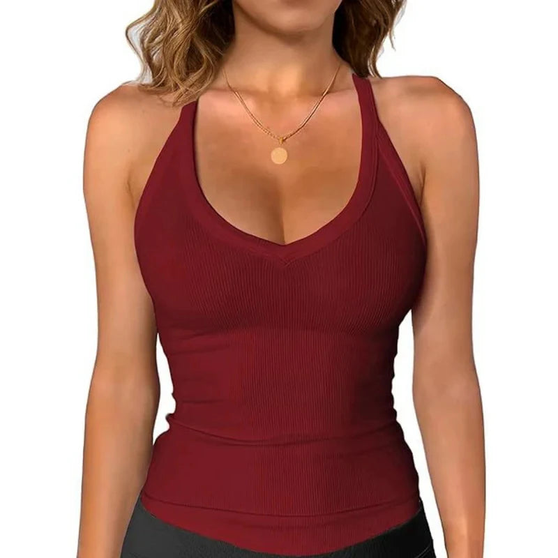 Women Sexy V Neck Sling Camisole Solid Color Halter Tank Top With Built-in Padded Bra Breathable Outer Wear Inner Daily Casual