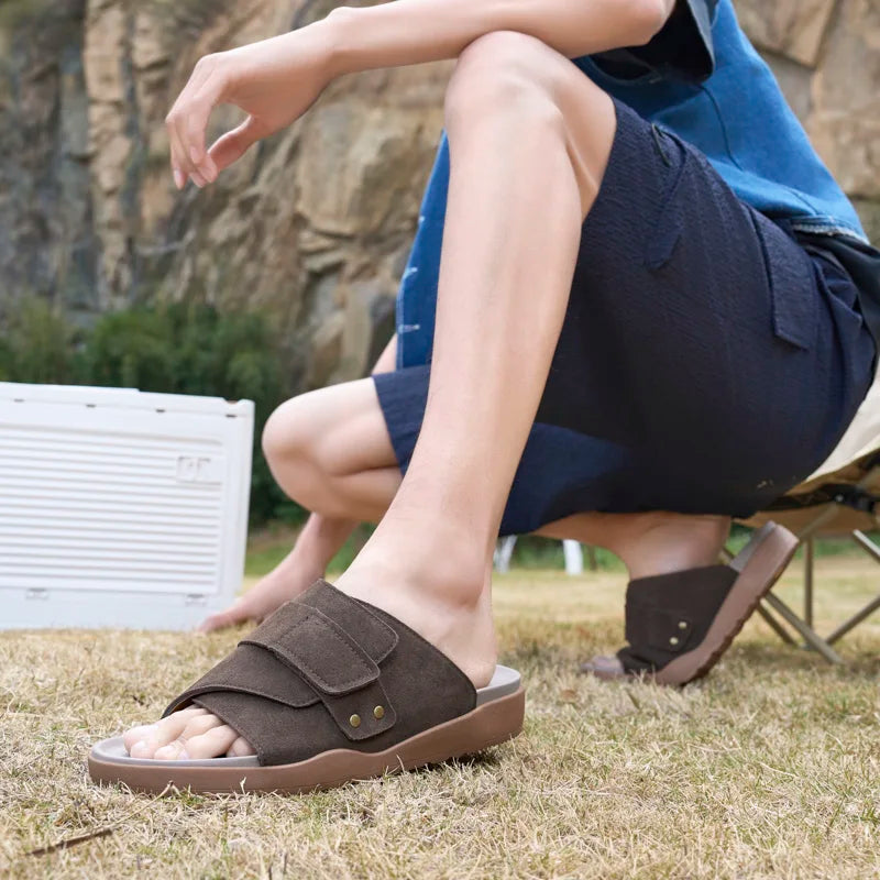 Suede Leather Mens Slippers Casual Sandals Breathable Slides Lightweight Summer Beach Flats Outdoor Walking Shoes Zapatos Hombre