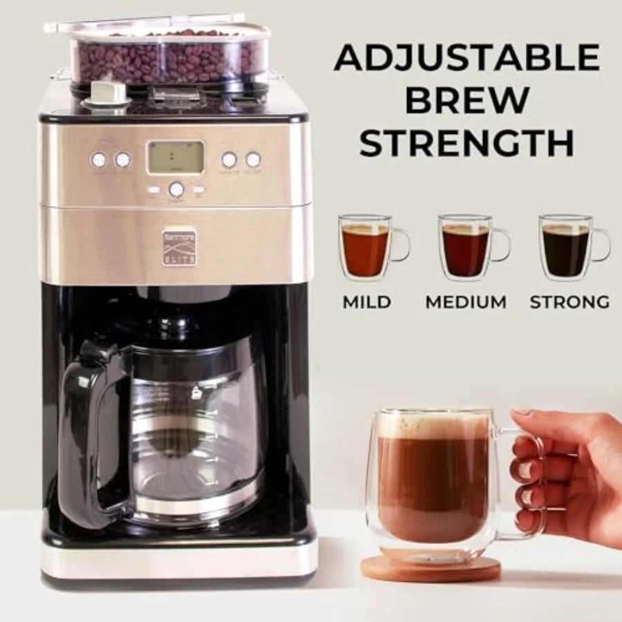 Kenmore Elite Grind and Brew Coffee Maker - Built-In Grinder Automatic Drip Coffee Machine 12 Cup Programmable Brewer Bean Grin