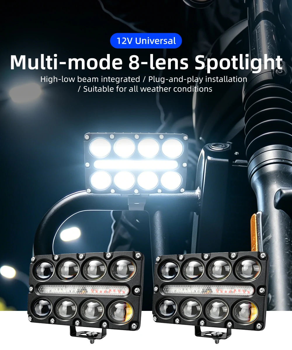 8 Lens Projector Motorcycle LED Spotlight DRL Strobe Flashing Auxiliary Fog Work Light Universal For Car Truck SUV UTV Off‑Road