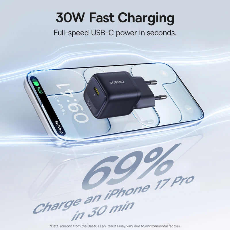 Baseus 30W Phone Charger USB C Charger PD3.0 QC3.0 PPS Quick Charging For iPhone 17 16 15 1Pro Max iPad Xiaomi Fast Charger GaN