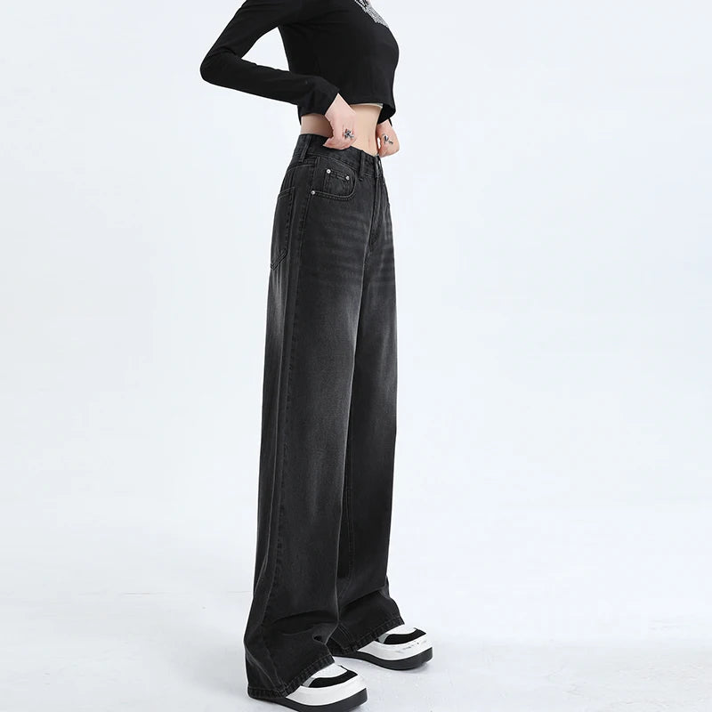 Autumn Winter Fleece Jeans Women Cotton High-waisted Baggy Wide-leg Pants Fashion Korean Vintage Black Gray Velvet Warm Jeans