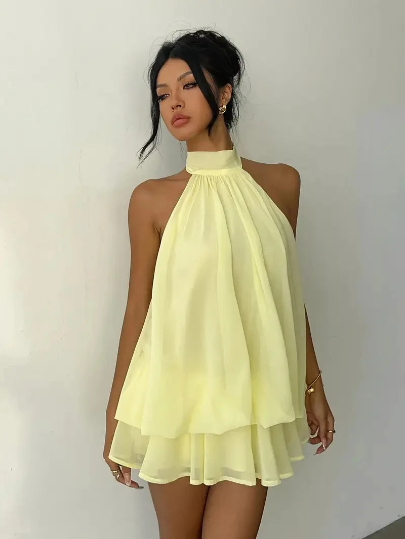 Women Halter Neck Backless Tie Mini Dress Summer Sleeveless Chiffon Ruffle Short Dresses Sexy Club Party Beach Vacation Outfit