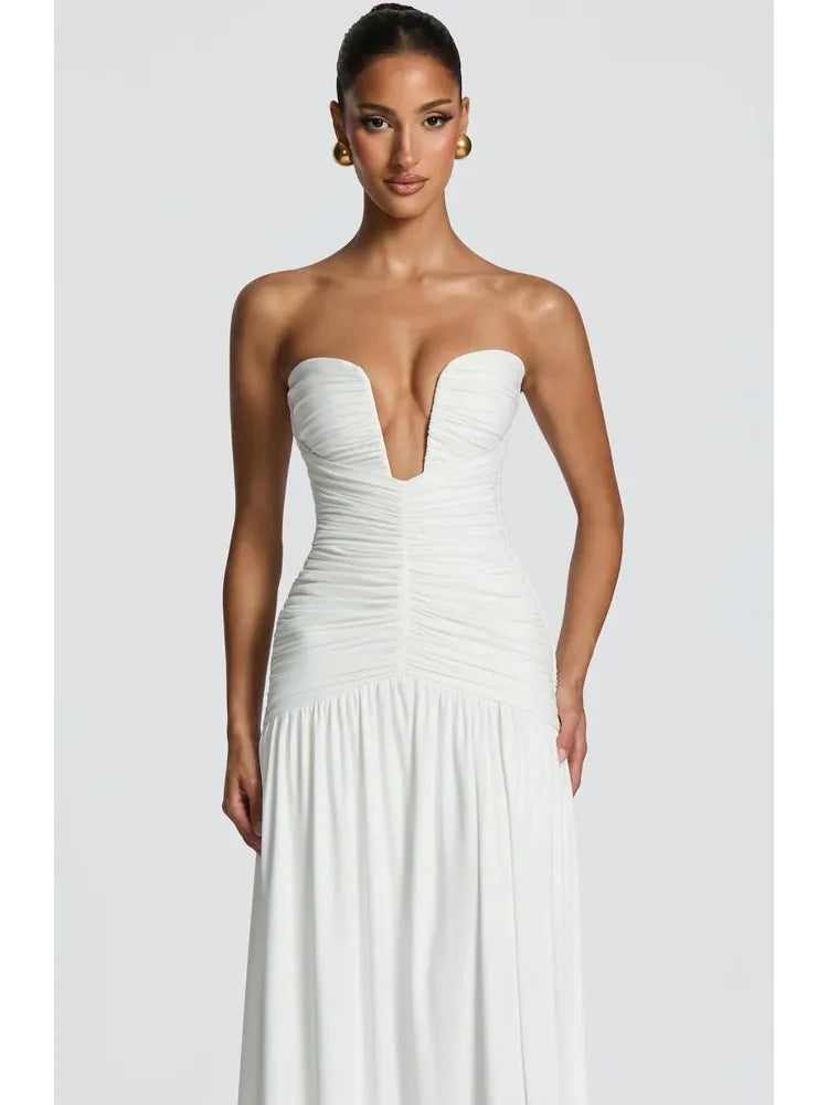 2026 Deep V Neck Pleated Strapless Dress Women Elegant Off Shoulder Backless Split Maxi Evening Party Vestidos