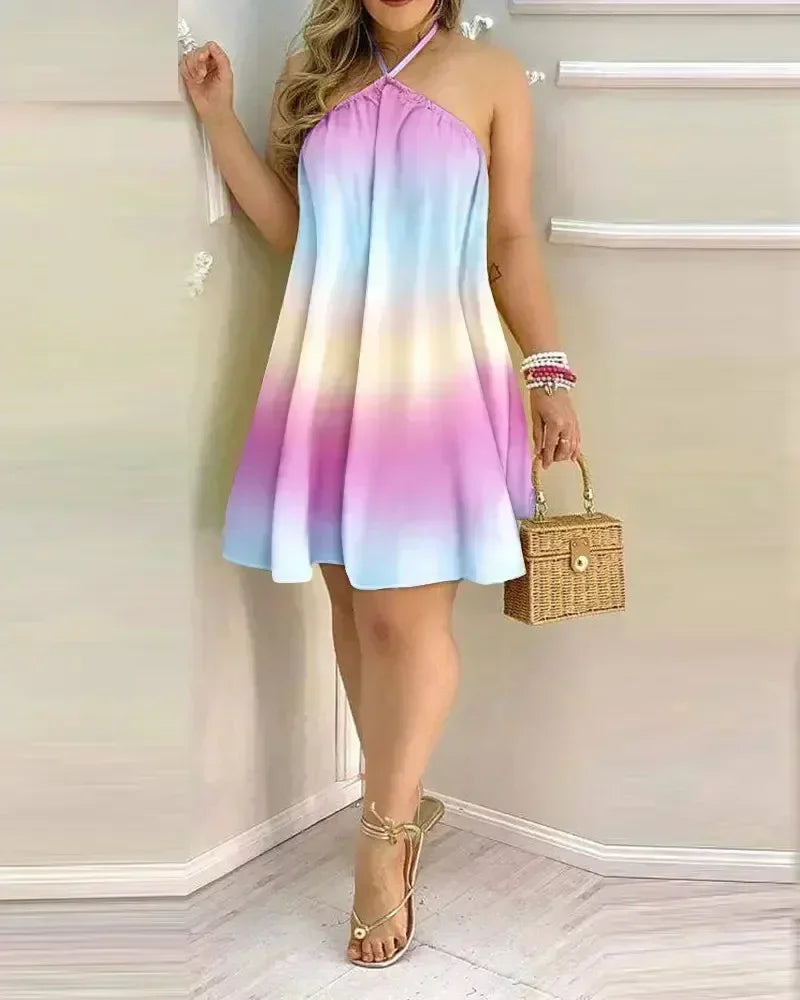 Women Halter Neck Swing Mini Dress Tropical Floral Leaf Print Loose A Line Sleeveless Beach Vacation Dress