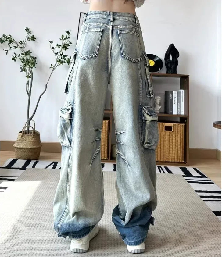 Jeans Women Denim Distressed Multi Pocket Y2k Streetwear Cargo Pants Casual High Waist Zipper Fly Winter Gradient Mom Jeans