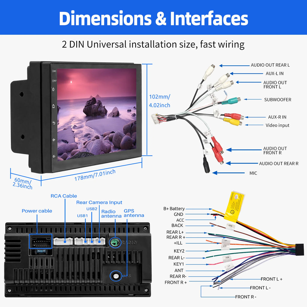 ESSGOO 7"/9"/10“ 2 DIN Android 14 4+64G Car Stereo Carplay Android Auto GPS SAT Navi Bluetooth FM RDS Radio WIFI Touchscreen