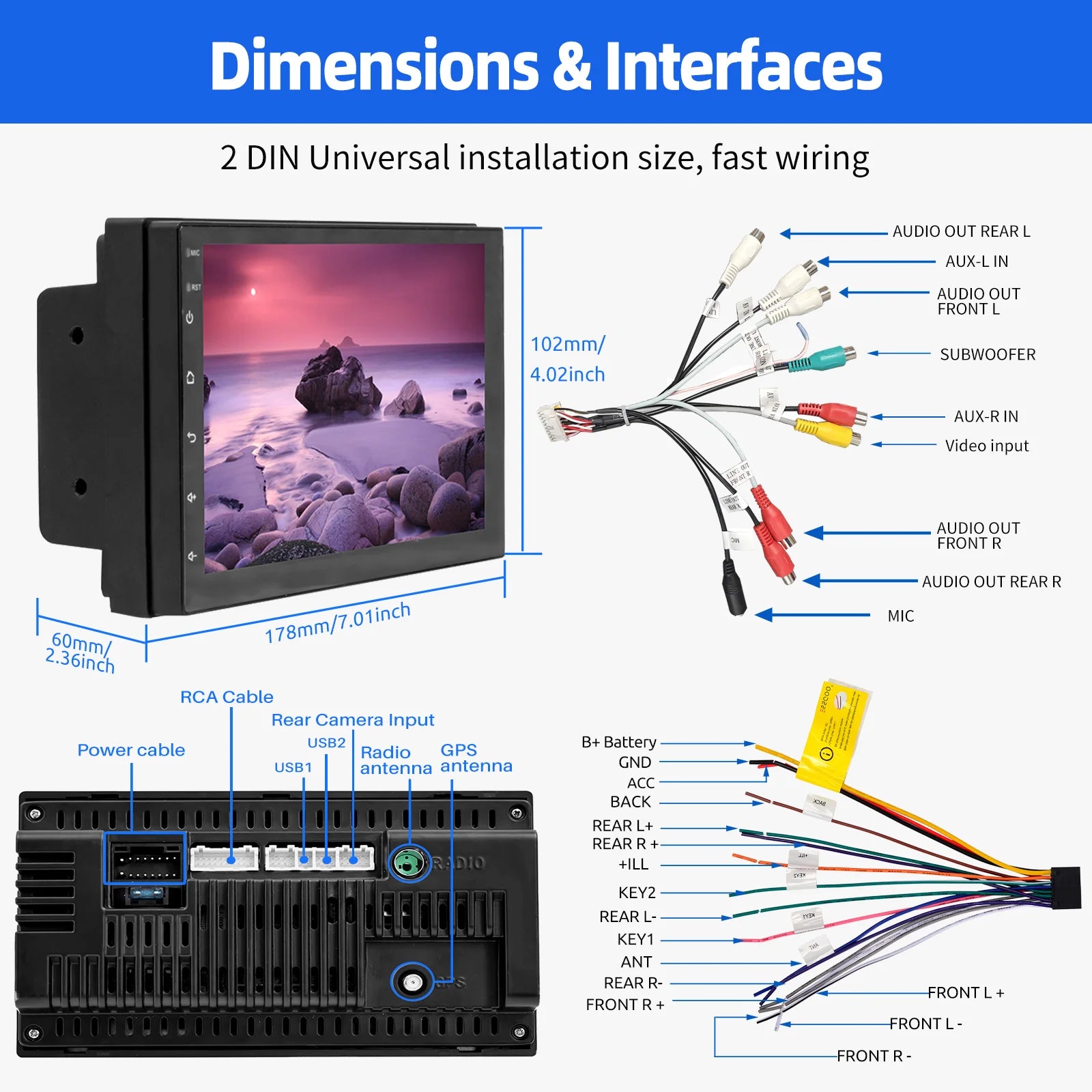 ESSGOO 7"/9"/10“ 2 DIN Android 14 4+64G Car Stereo Carplay Android Auto GPS SAT Navi Bluetooth FM RDS Radio WIFI Touchscreen