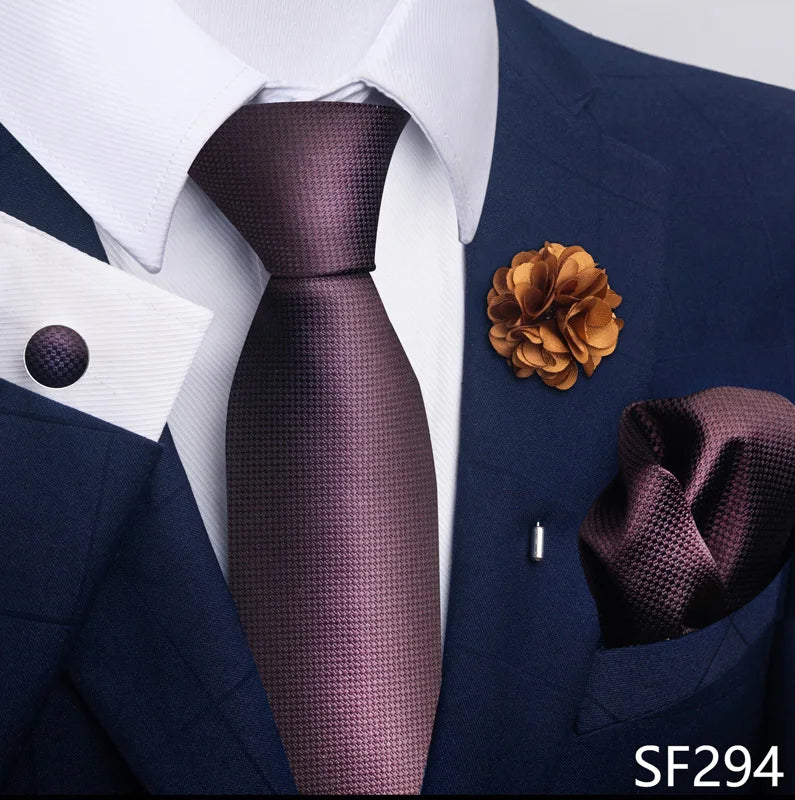 Hot Sale Luxury 8 Cm Blue Floral Ties Pocket Square Cufflinks Brooch Set For Man Suit Accessories Holiday Gift Fit Formal Party