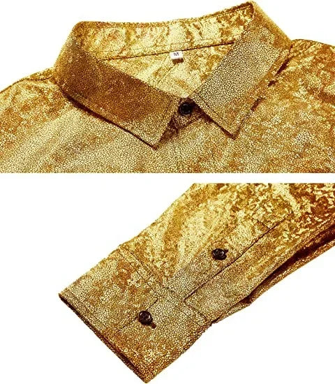 Metallic Shiny Polyester Dress Shirts for Men Black Solid Gold Red Silver Long Sleeve Turn Down Collar Prom Disco Men's Shirt