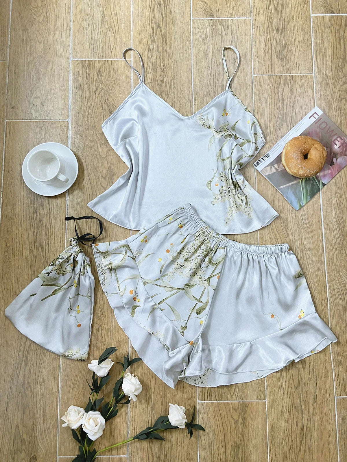 Summer Elegant  Print Cami Tops Ruffle Hem Shorts Pajama Set  Women's Sleepwear V Neck Strap Loungewear