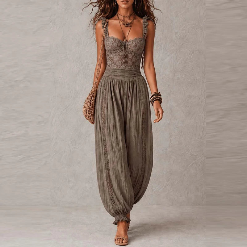 Sexy V-neck Lace Trim Spaghetti Strap Jumpsuits Women Elegant Ruffle Waist Solid Playsuit Overalls Casual Sleeveless Long Romper