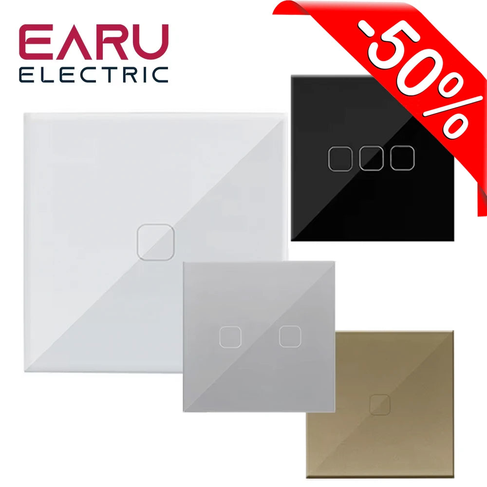 EU Standard Crystal Glass Panel Touch Light Switch | AC100-240V 10A | Wall LED Power Switch 1/2/3 Gang 1 Way White Black Golden