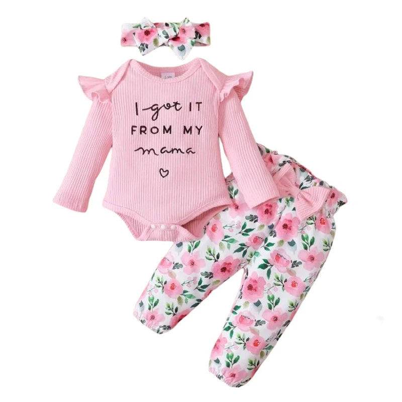 0-18M Baby Girl Pink Clothes Set Spring&Autumn Clothing Long Sleeve Bodysuit+Floral Pants+Headband 3PCS Toddler Fashion Outfits