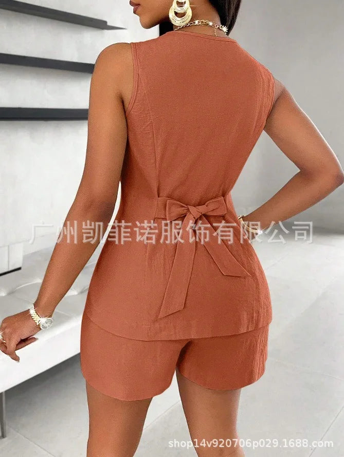 Women Fashion Casual Shorts Set Summer Vest Top Button Solid 2 Pieces Set Lace-up Pant Suits Womens Clothing Office Holiday 2025