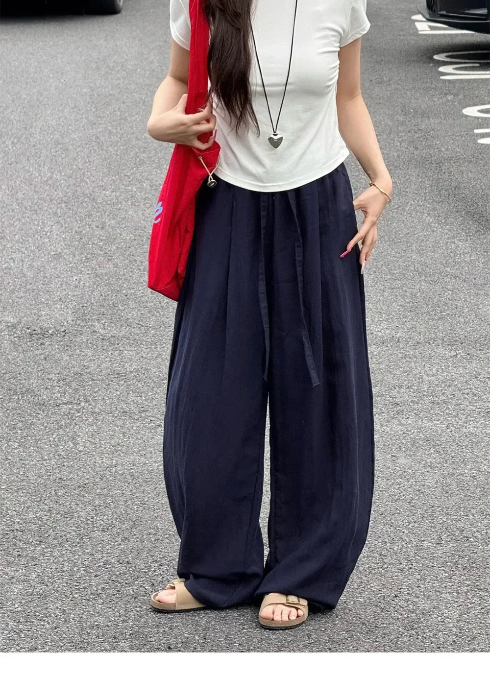 Loose Casual Cotton Linen Trousers Women Full Length Drawstring Women's Wide-leg Pants Summer Thin Linen Navy Blue Baggy Pants