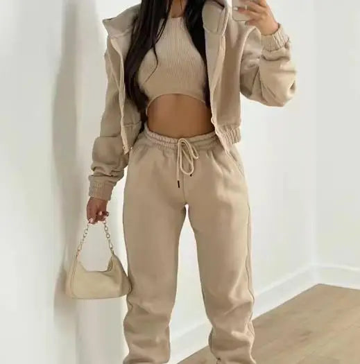 Ladies Tracksuit Zippered Hooded Jogger Tracksuit Thermal Lined Trousers Tracksuit Fashionable Athleisure Cozy Ensemble