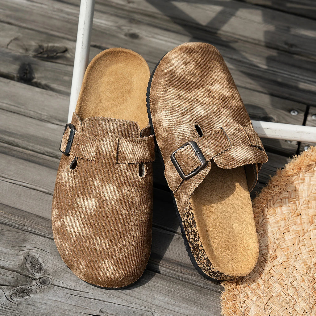 2025 New Model All-Season Autumn and Winter Women's Indoor and Outdoor Non-Slip Fashionable Casual Shoes with Cork Thick Sole, Flat Heel, Half-Covered Toe, Slip-On Slippers, Casual Buckle Slippers Suitable for All Seasons and