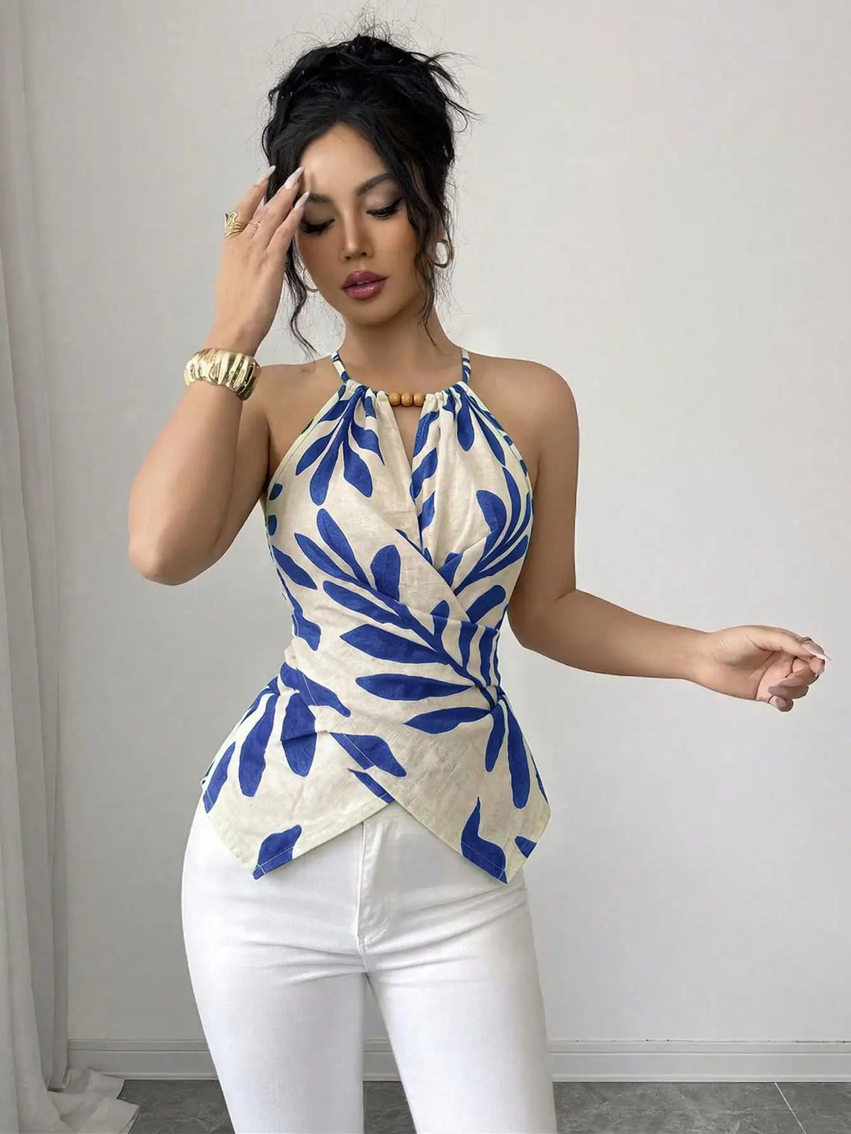 Green Leaf Print Halter Tank Top Women Back Tie Sleeveless Wrap Front Slim Summer Beach Camisole