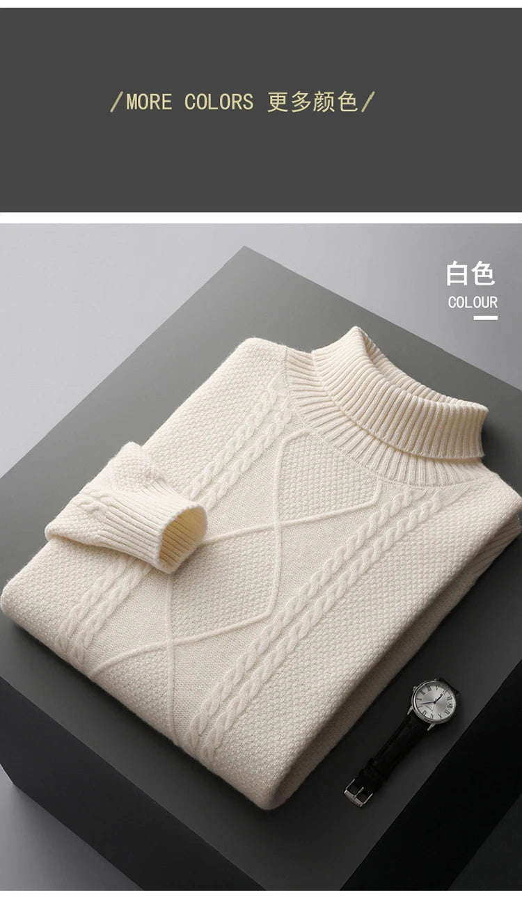 2025 Winter Turtleneck 100% Merino Wool Knitted Sweater Men's Lapel Jacquard Thicken Pullovers Fashion Loose High-End Base Shirt