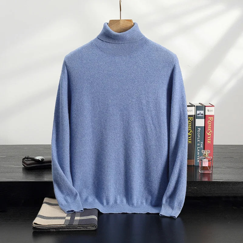 Autumn/Winter Men's 100% Cashmere Pullover Business Casual Solid Knitted Sweater Loose High Collar Tops Basic Thick Warm Jumper
