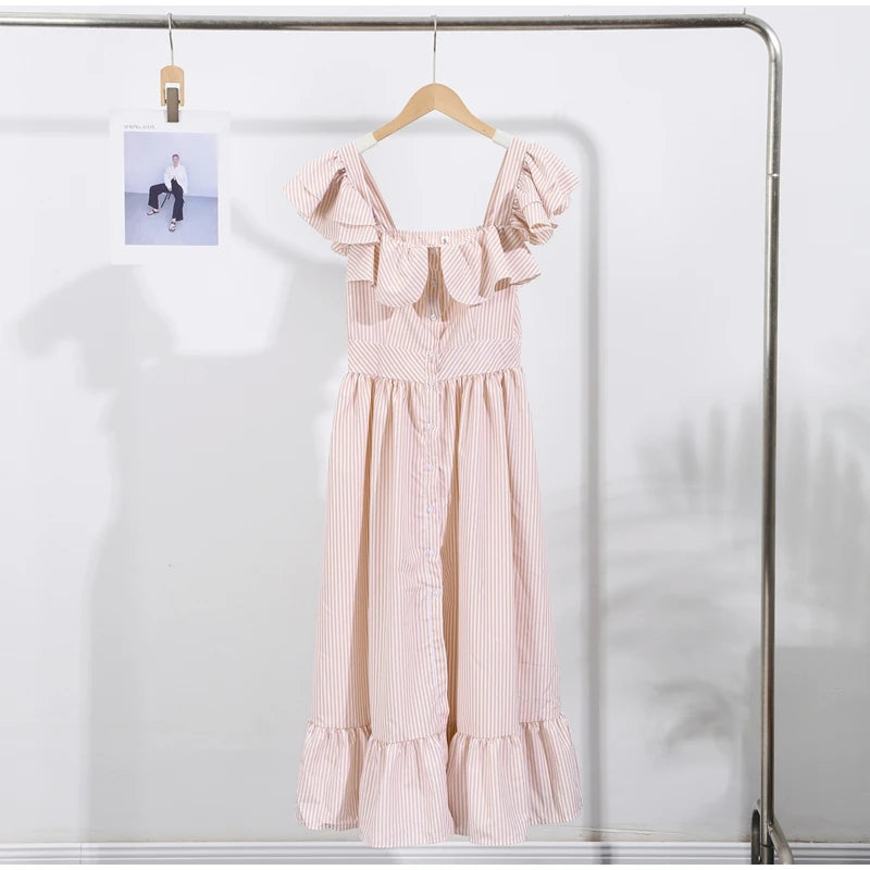 Fashionable Striped Ruffle Pleated Women's Dress Elegant Solid Square Neck Single Button Dresses Female Summer Chic Casual