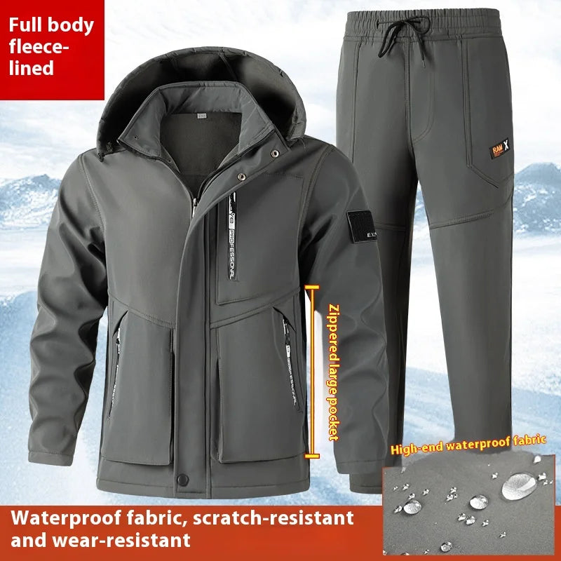 Winter Fleece Lined Thickened Windbreaker Work Suit Men Cold Proof Warm Waterproof Workwear Outdoor Labor Uniform