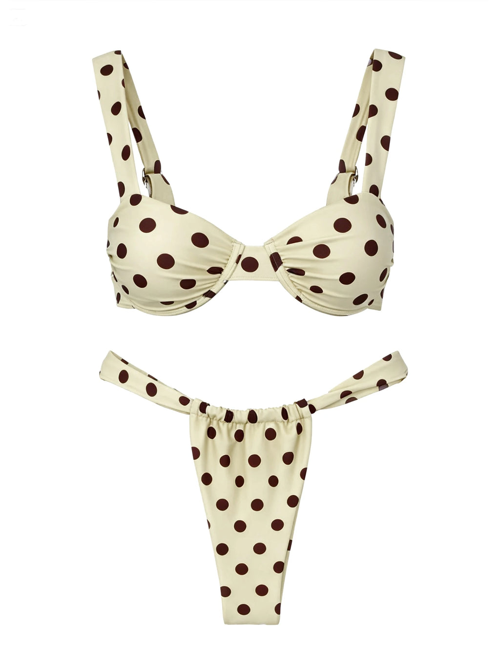 Retro Brown Dot Bikini Sexy Off Shoulder Swimwear Women High Cut Thong Biquini Set Luxury Summer Vacation Beach Bathing SuitK337