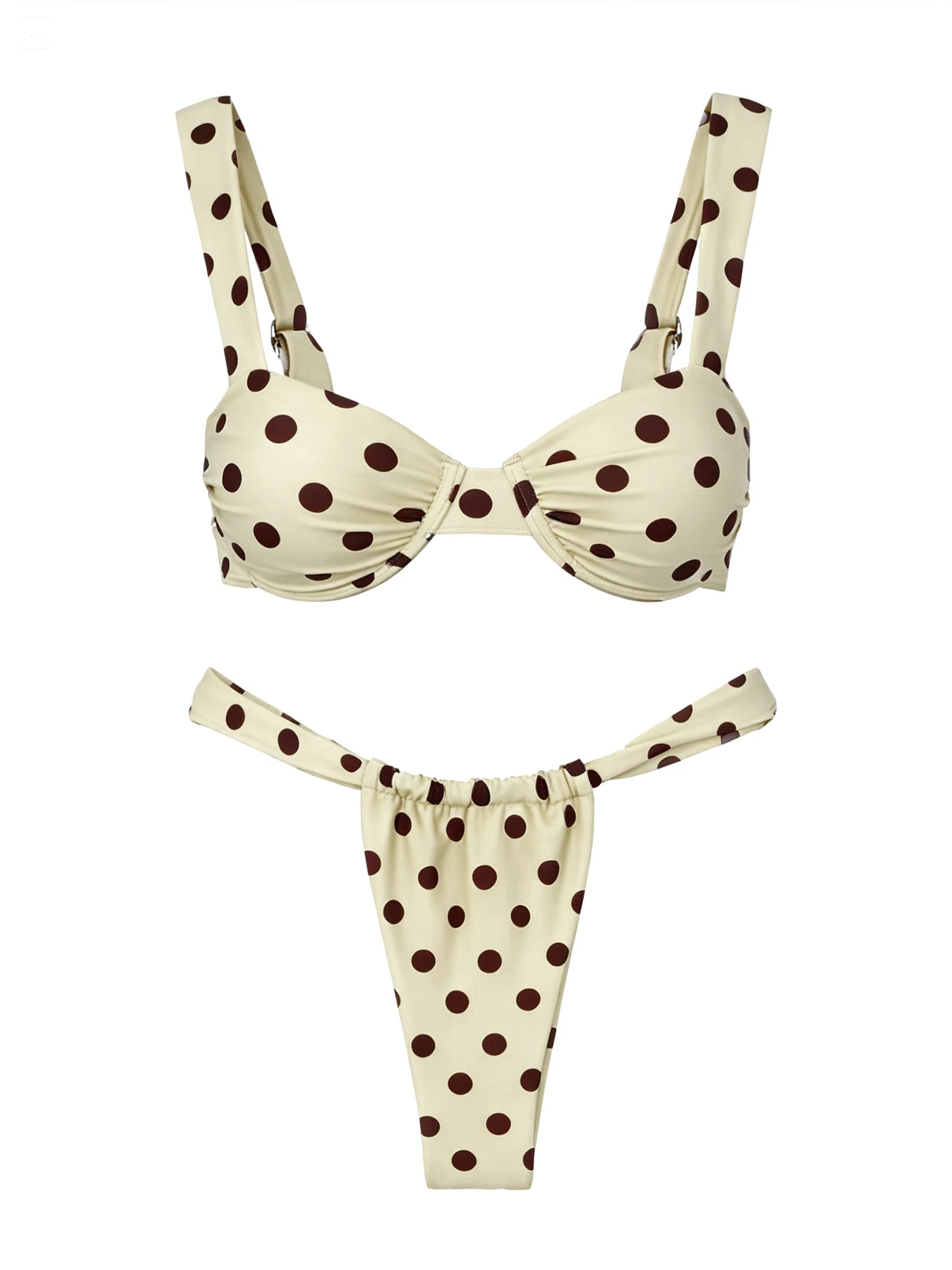 Retro Brown Dot Bikini Sexy Off Shoulder Swimwear Women High Cut Thong Biquini Set Luxury Summer Vacation Beach Bathing SuitK337