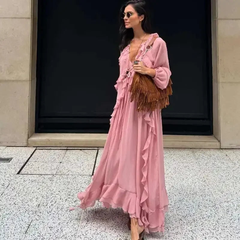 2026 Casual Solid Ruffles Patchwork Robe Women Minimalist Full Sleeve Mesh Loose Fit Lace Up Maxi Dress Vacation Daily Date Wear
