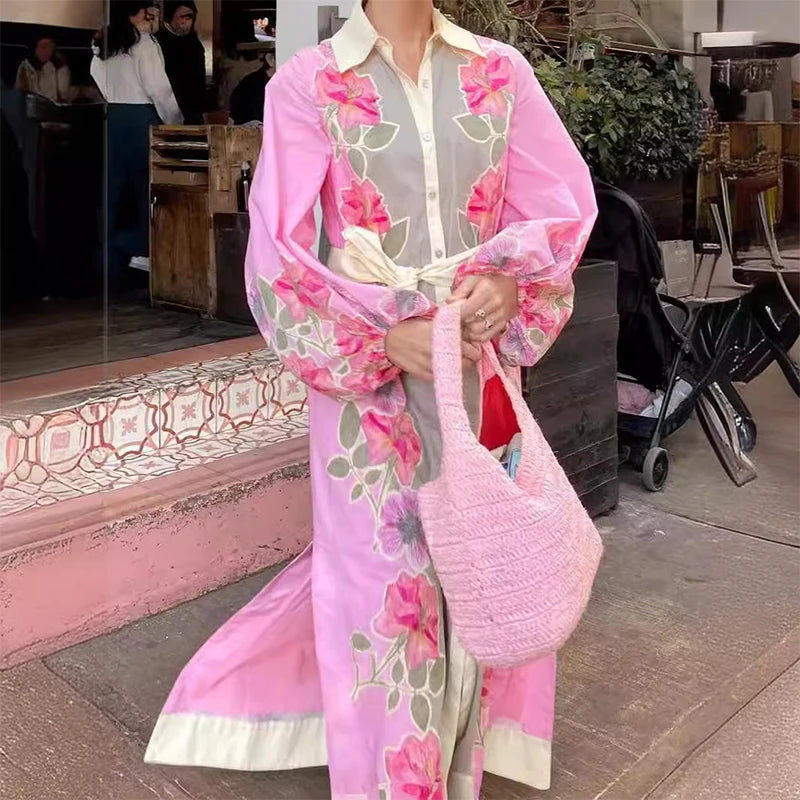 2025 Spring Elegant Robe Dresses Cotton Linen Flower Print Belt Dress Women Loose Lantern Sleeve Single Breasted Split Dresses