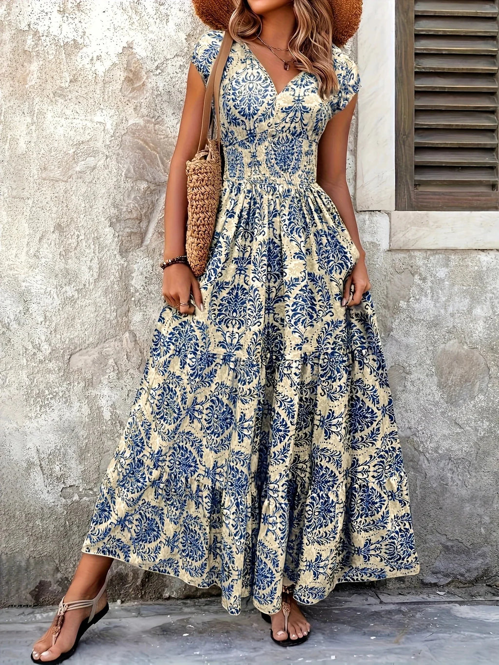 Women's Summer Retro Fashion Floral Printed Sexy V-neck Short Sleeve High Waist Medium Length Bohemian Loose Holidays Dresses