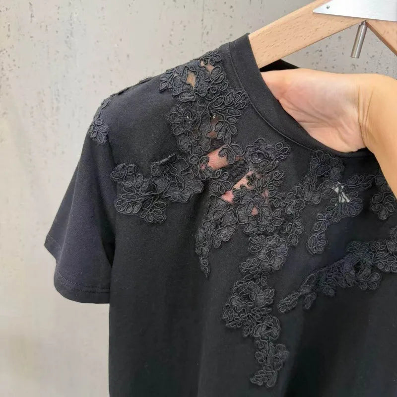 New 2026 Summer Women Casual T Shirts Short Sleeve Spliced Lace Embroidery Solid Color Ladies Fashion O Neck Pullover Tees Tops