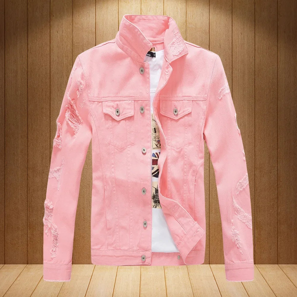Men White Denim Jackets Holes Jeans Coats New Spring Autumn Solid Denim Coats Male Cotton Casual Fit Jeans Jackets Size 4XL
