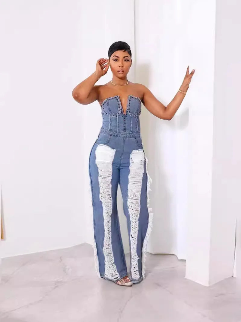Tassel Hollow Out Overalls For Women Studded Diamond Strapless Backless Jeans Street Fashion Trend Jumpsuite Femme