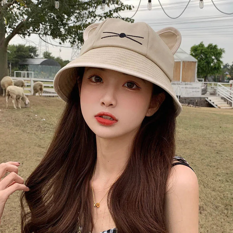 Korean Cartoon Cat Ears Women Bucket Hat Spring Summer Kawaii Beach Tour Sun Visor Hats Wide Brim Y2K Cotton Panama Cap