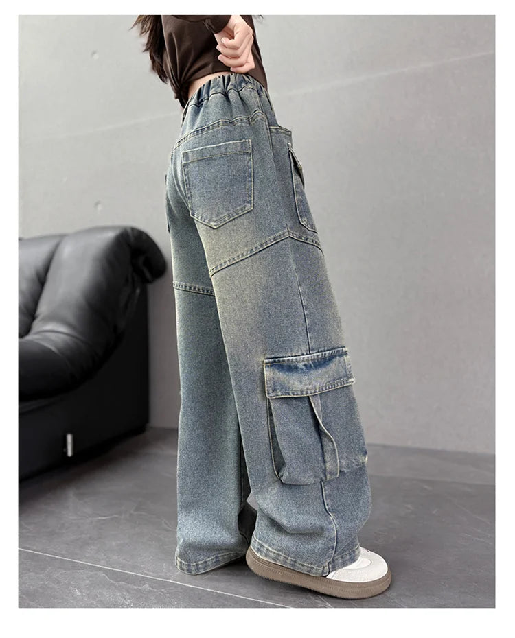 Elegant Fashion Kids Children Cargo Jeans Pants with Multi Pocket for Teenage Girls Loose Straight Casual Denim Trousers 5-14 Y