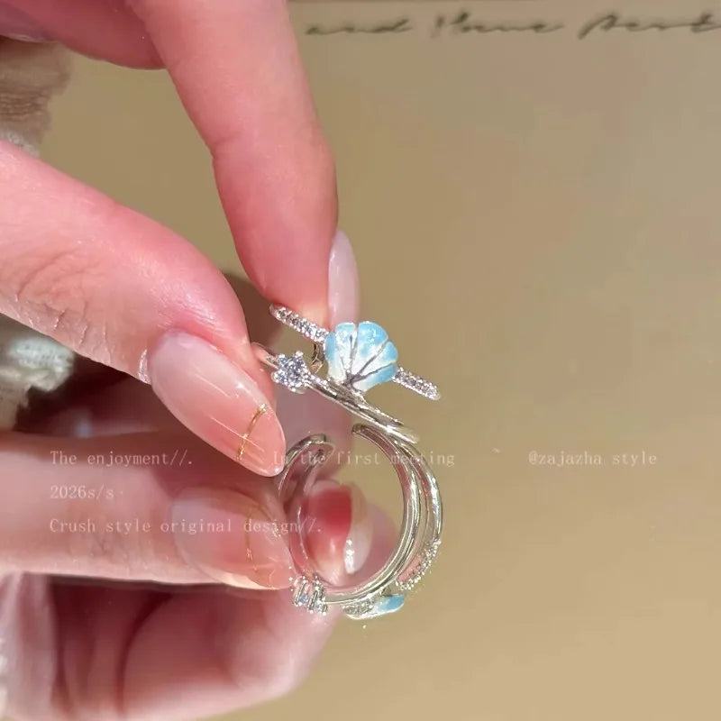 Sweet Blue Starfish Shell Rings for Women Girls Fashion Imitation Pearl Open Rings Summer Ocean Vacation Jewelry Accessories