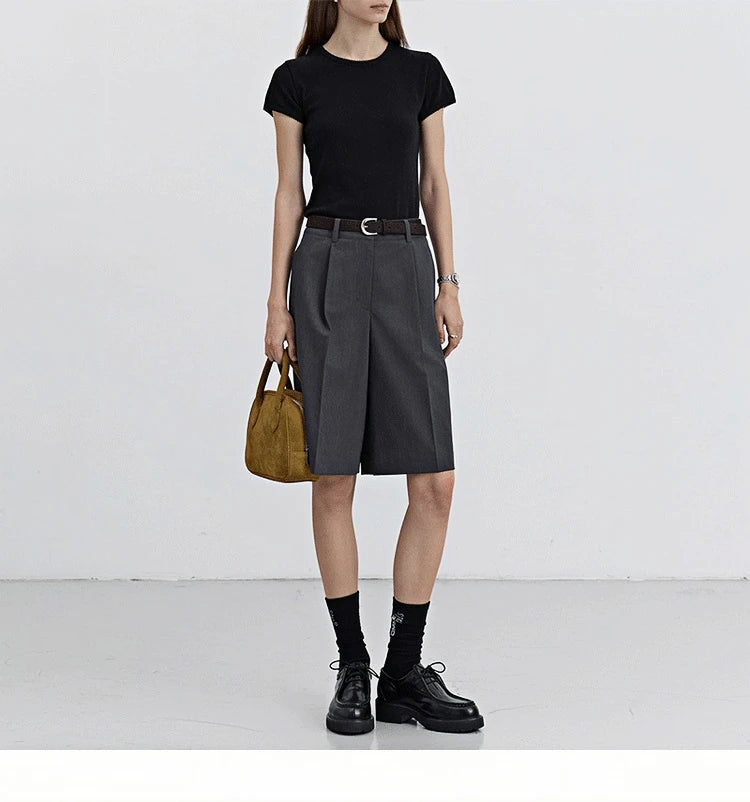 High Waist Suit Short Pants Women's Casual Loose Straight Leg Pants Summer Five Parts Outwear Comfortable Polyester Fiber